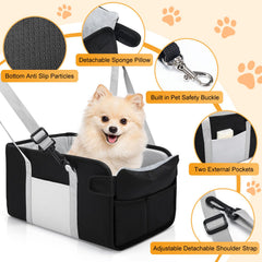 NECKORY center-console booster with adjustable straps for a snug fit.