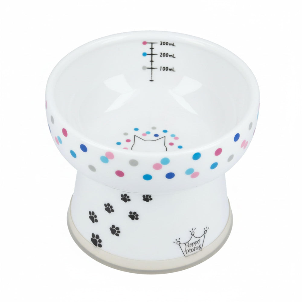 Necoichi elevated cat water bowl with colorful dots—ergonomic drinking posture.