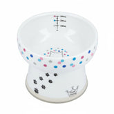 Necoichi elevated cat water bowl with colorful dots—ergonomic drinking posture.