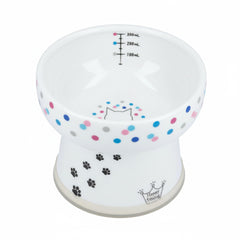 Necoichi elevated cat water bowl with colorful dots—ergonomic drinking posture.