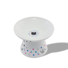 Necoichi raised cat bowl with colorful dots elevates feeding comfort.
