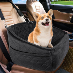 NEEZUKAR dog car seat front view shows secure travel with integrated safety belt.
