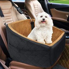 NEEZUKAR dog car seat front view showing secure belt and plush comfort