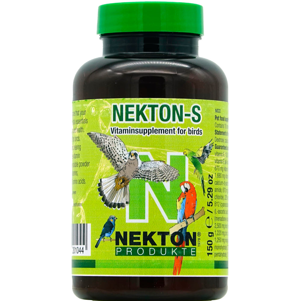 Nekton-S multi-vitamin bottle for birds in a bright feeder, supporting daily vitality