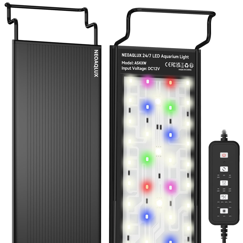 NEOAQLUX LED aquarium full-spectrum lighting highlights vibrant plants and fish colors.