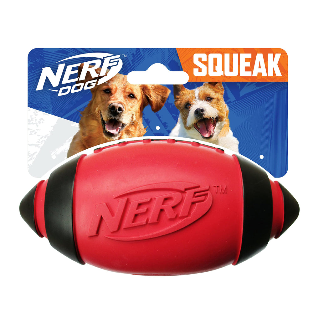 Nerf Dog Rubber Football with interactive squeaker for fetch and backyard play