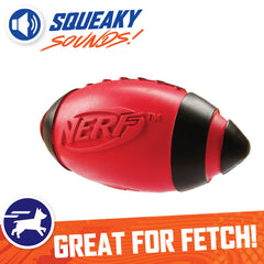 Nerf Dog Rubber Football shows water-resistant rubber construction for outdoor adventures