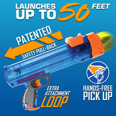 Loaded Nerf Dog Tennis Ball Blaster with cock-back handle for easy, hands-free loading