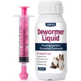 Netrca dewormer liquid bottle pour for easy administration and quick relief.