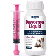 Netrca dewormer liquid bottle pour for easy administration and quick relief.