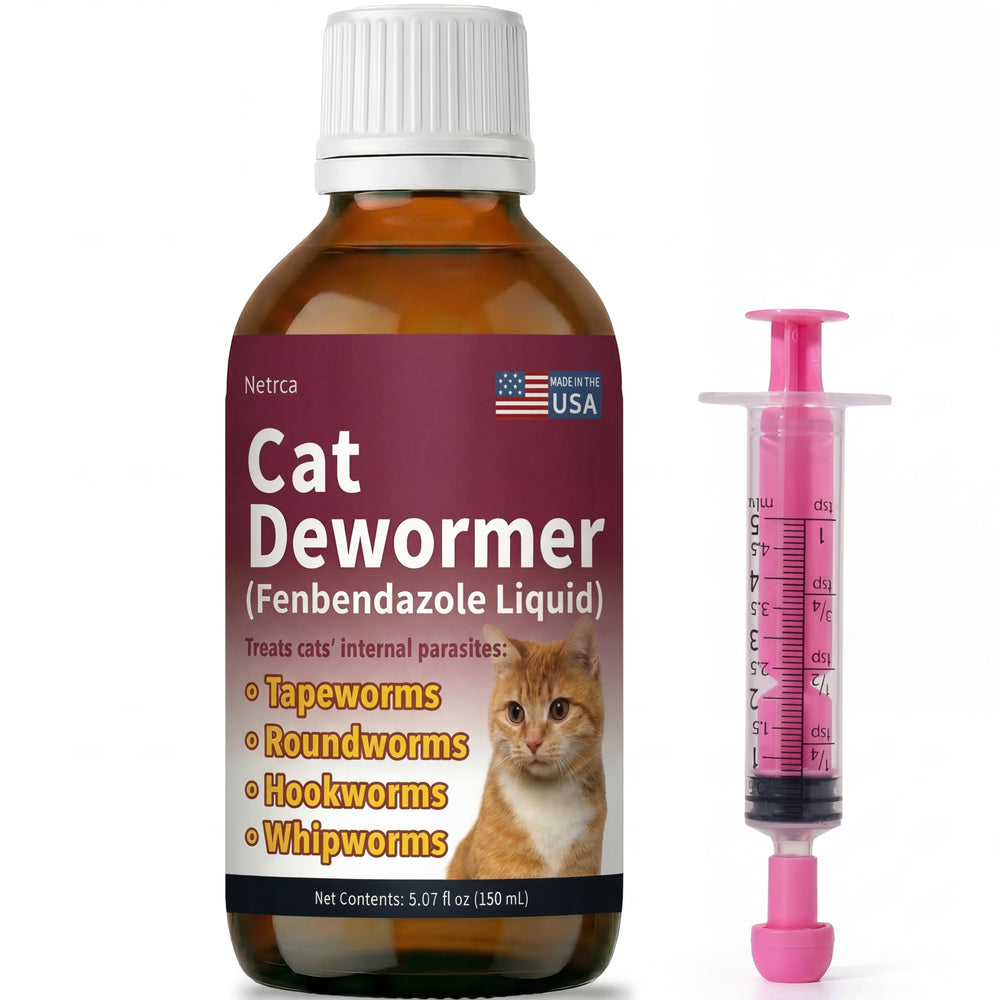 Netrca fenbendazole bottle pour supports easy dosing for cats.