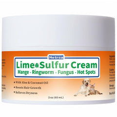 Netrca Lime Sulfur Cream bottle shows easy application for itchy pet skin relief.