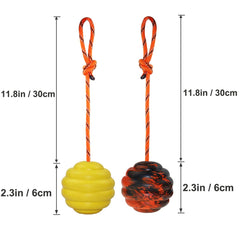 Nevperish rope and ball combination aids tug, throw, and reward training