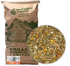 New Country Organics Pastured Layer Feed bag front view showing corn-free, soy-free formulation.