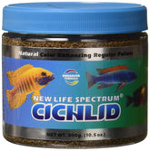 New Life Spectrum Naturox Cichlid Pellet 300g pack close-up showing high-protein formula for growth
