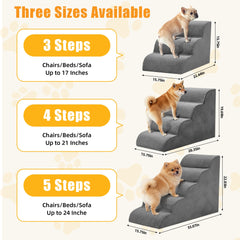 Newbulig dog stairs beside a high bed demonstrate accessibility for taller furniture.