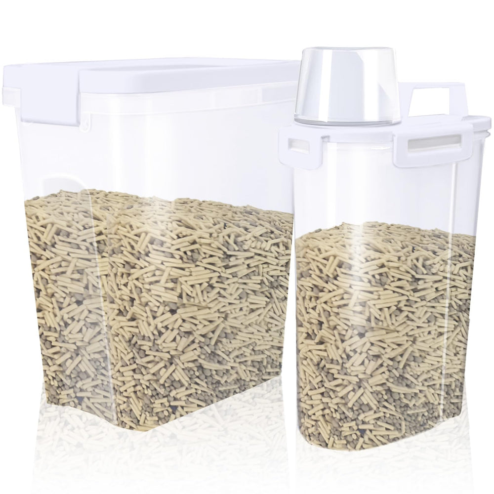 Newivi cat litter storage container with airtight lid and spout for mess-free dispensing.