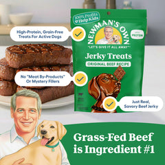 Close-up of grass-fed beef first ingredient on Newman's Own jerky bag.