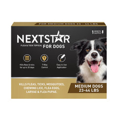 NEXTSTAR bottle for dogs shows fast-acting flea and tick protection.