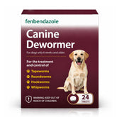 Nice2CU fenbendazole dewormer for dogs package label with dosage guidance.