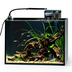 Nicrew 2.5 gallon nano nature aquarium rimless desktop tank for compact spaces with clear viewing.