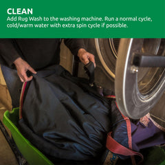 Nikwax Rug Wash 1L treating horse blanket to renew insulation and dryness.