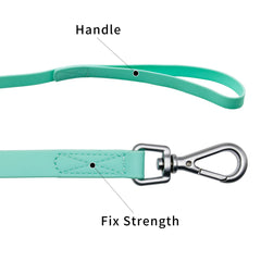 NIMBLE leash close-up, PVC-coated nylon shows weatherproof, easy-to-clean surface.