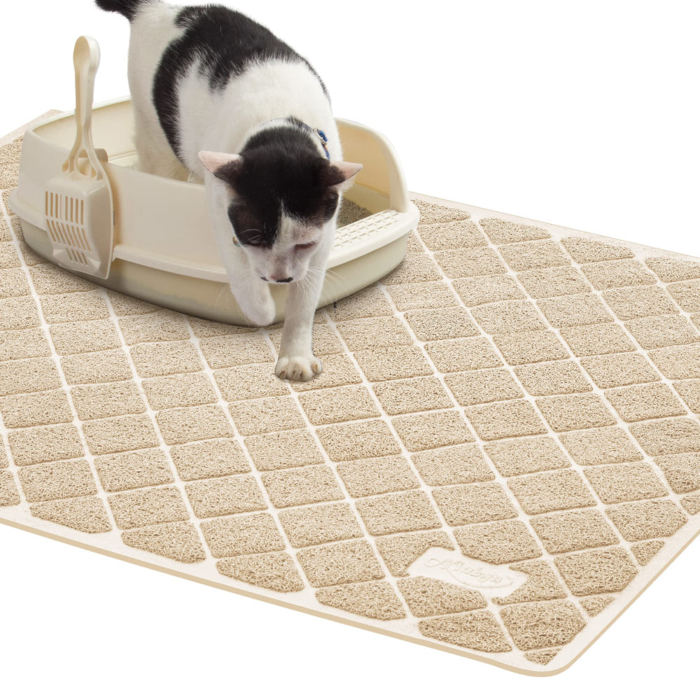 Niubya cat litter mat with cross grooves traps litter and protects floors.