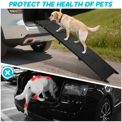 Niubya dog ramp positioned to fit a car and SUV for versatile use.