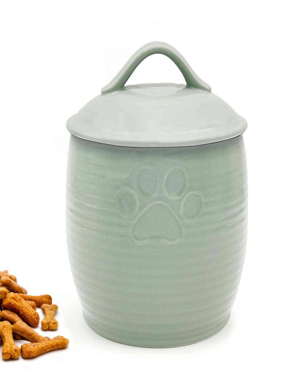 NIXBYO large green ceramic dog treat container with airtight lid on counter