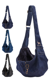 NOAH & PAW denim dog sling front view for hands-free small-dog transport