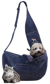 NOAH & PAW dog sling with denim lining offers cozy comfort for small dogs.