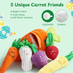 Nocciola carrot toys with squeaker and crinkle sounds to boost engagement.