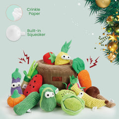 Nocciola crinkle-plush fruit toys provide sensory engagement for dogs.