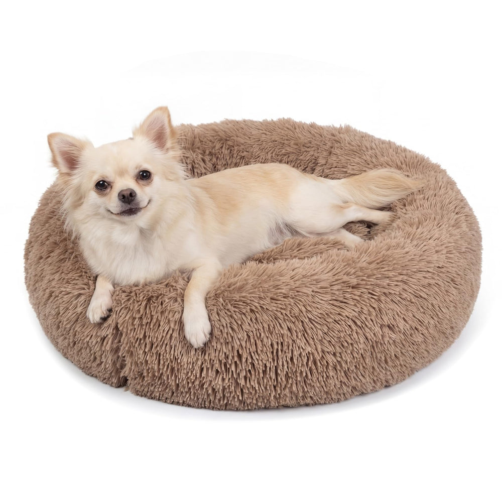 Nononfish calming donut bed in camel offers secure space for small pets.