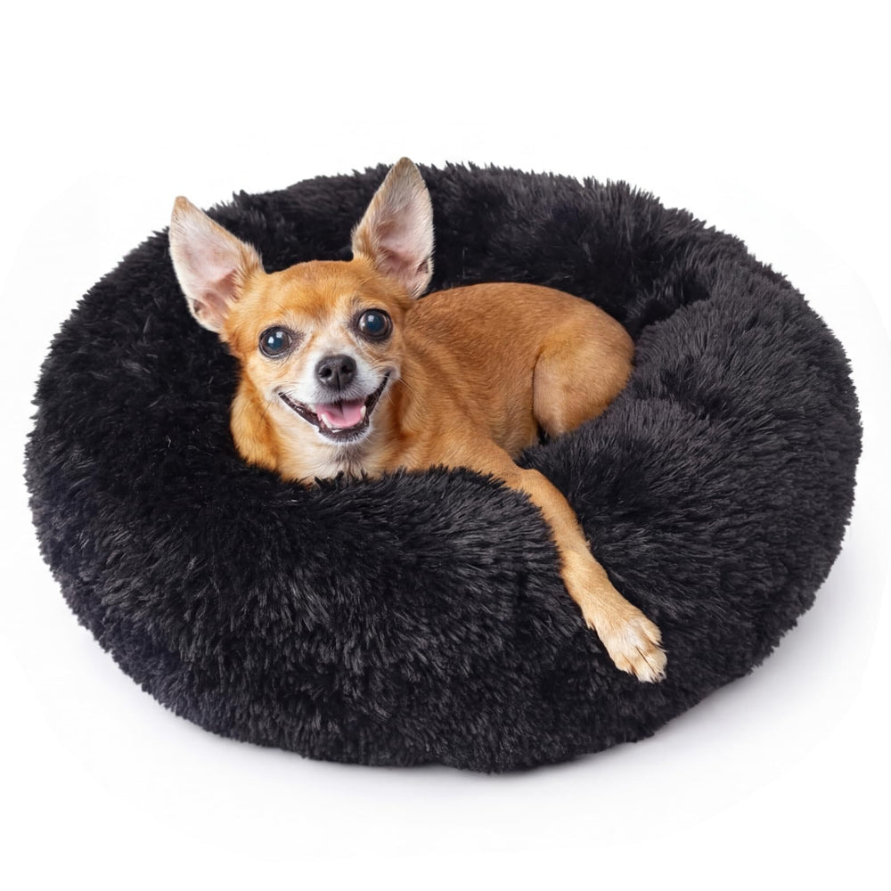 Nononfish round puppy bed top view with plush fur for calming sleep