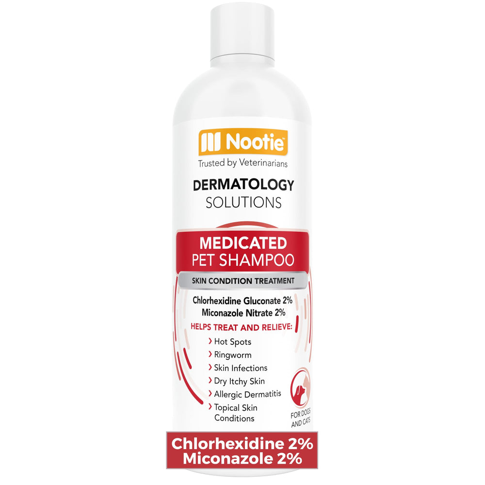 Nootie Medicated Pet Shampoo bottle front shows medicated formula for skin support.