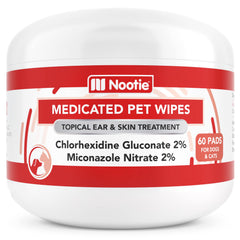 Nootie medicated wipes pack closeup for dogs and cats, convenient skin care.