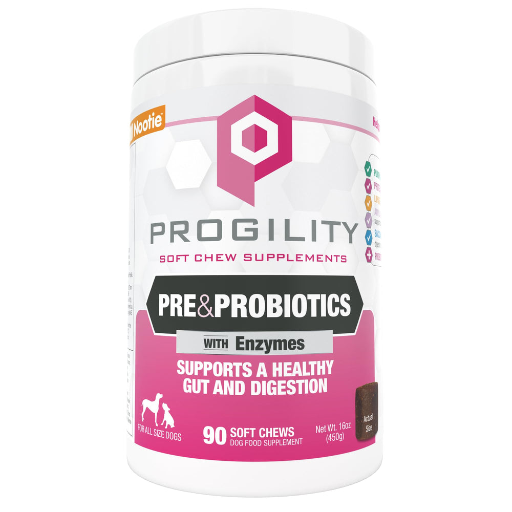 Nootie Progility bottle label close-up highlighting probiotic blend for digestive support