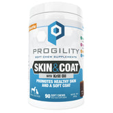 Nootie Progility Skin & Coat soft chews in bottle cap showing cheese flavor and branding for shinier coats