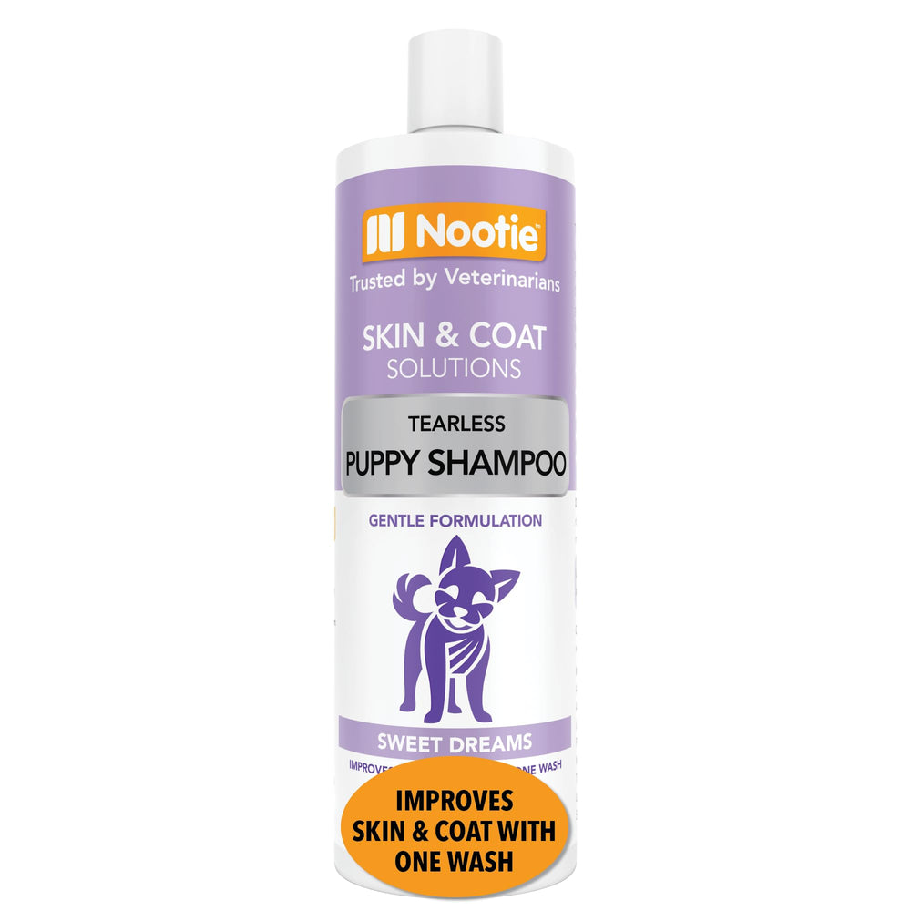 Nootie Tearless Puppy Shampoo bottle demonstrates gentle cleansing for sensitive skin.