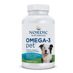 Nordic Naturals Omega-3 Pet bottle highlights heart and coat health.