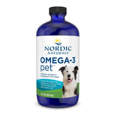 Nordic Naturals Omega-3 Pet unflavored bottle on counter supports coat health