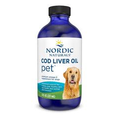Nordic Naturals Pet Cod Liver Oil bottle highlighting premium omega-3 for dogs' skin health