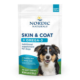 Nordic Naturals Pet Skin & Coat Soft Chews bottle closeup promotes healthy skin