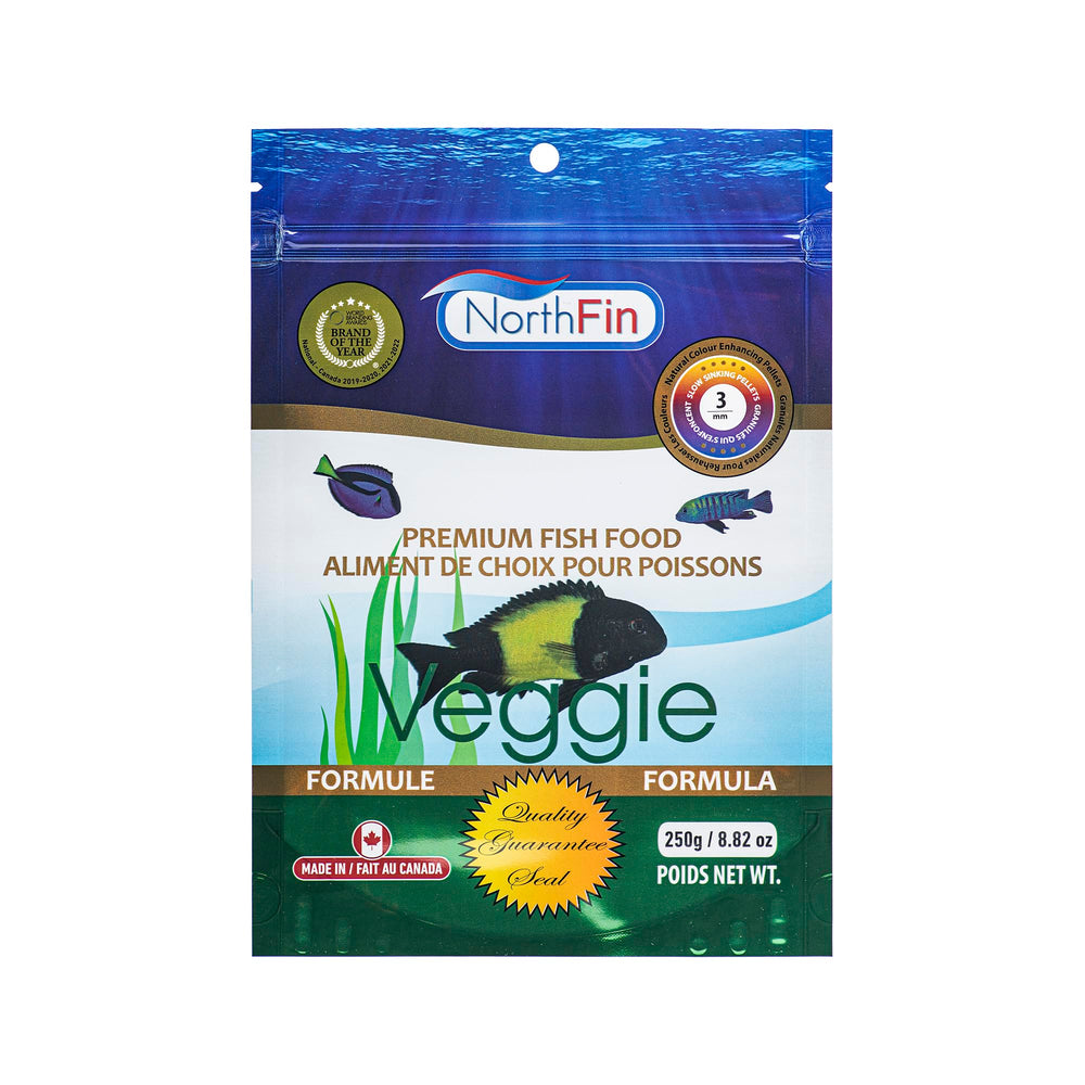 Northfin Veggie Fish Food pellets close-up highlighting kelp-based formula for herbivores