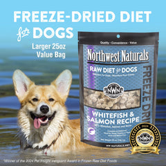 Northwest Naturals dog-food-packaging on a shelf, convenient resealable bag for storage.