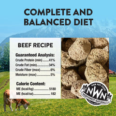 Northwest Naturals freeze-dried beef dog food packaging, travel-friendly and easy to store.