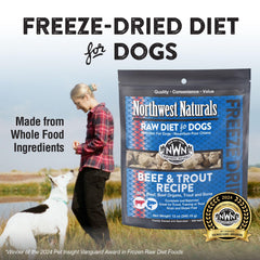 Northwest Naturals freeze-dried beef and trout pieces; high-protein snack.