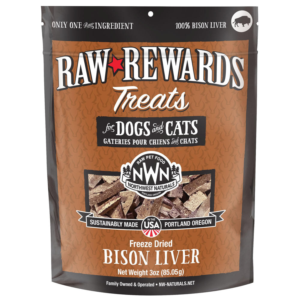 Northwest Naturals freeze-dried bison liver treats packaging for convenient, on-the-go rewards.